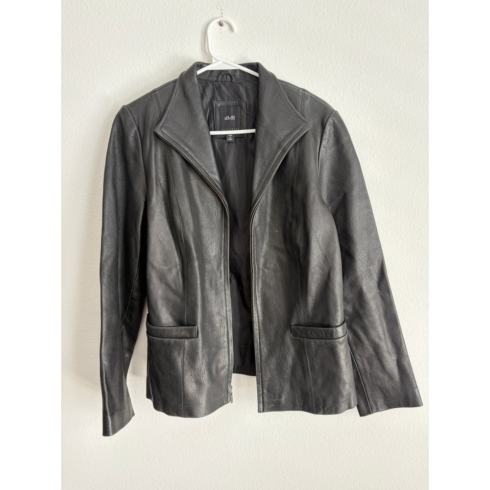 JLC New York Black Leather Jacket Full Zip Funnel Neck Womens Medium